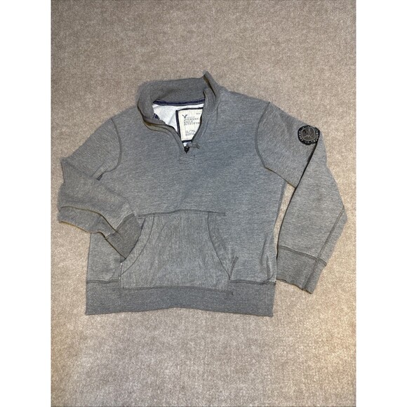 AEO 1/4 zip Men XL Fleece Sweatshirt Kangaroo Pocket Mock Neck Collar Applique - Picture 1 of 6